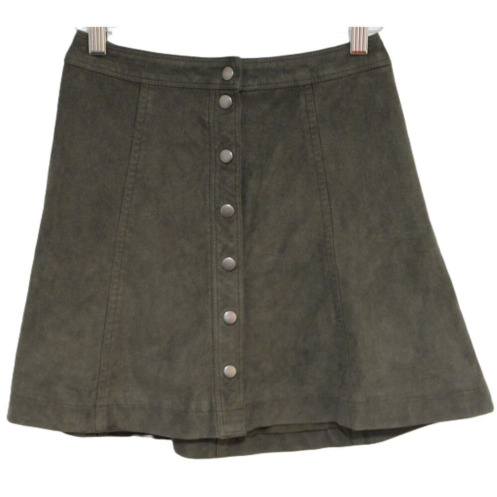 Womens Abercrombie & Fitch Olive Green Faux Suede Vegan Button A-Line Skirt Sz 0